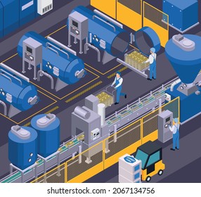 Canned food production isometric composition with view of production department and workers with moving conveyor line vector illustration