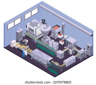 Canned Food Production Isometric Composition With View Of Factory Department With Moving Line Mixers And Operators Vector Illustration