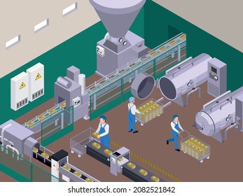 Canned food production isometric composition with indoor scenery of operating department with storage tanks and workers vector illustration