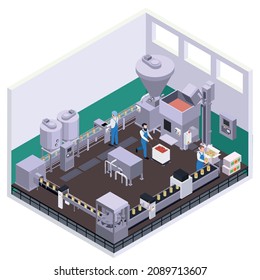 Canned Food Production Isometric Composition With Indoor Scenery Moving Line And People Packing Food Into Cans Vector Illustration