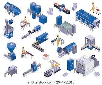 Canned food production isometric set of isolated icons with plant facilities storage tanks lines and workers vector illustration