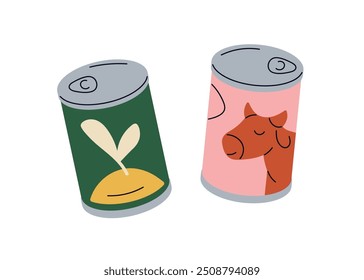 Canned food products, preservations in tins, metal packaging. Corned beef, stewed meat, vegetarian preserves in container, sealed jar, packing. Flat vector illustration isolated on white background