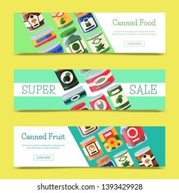 Canned food sale banner vector illustration. Vegetable product tinned container metal packaging. Soup conserve package can. Healthy goods grocery meal. Canning tinned steel lid shop vegetarian poster