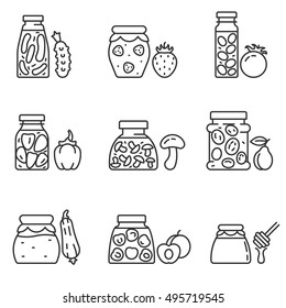 Canned food set. Food banks collection.Products banks, line design. Canned cucumbers, tomatoes, sweet peppers, mushrooms, squash caviar, plum, apricot, jam, honey. vector linear illustration