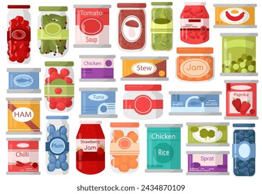 Canned food set with different jars and containers filled sweet jam, meat, tuna, sauce, vegetables and other conserve. Sealed can with product stuff for long-term storage vector illustration