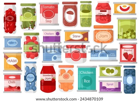 Canned food set with different jars and containers filled sweet jam, meat, tuna, sauce, vegetables and other conserve. Sealed can with product stuff for long-term storage vector illustration