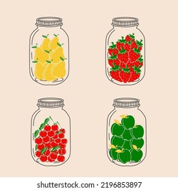 Canned food. Set of jars with fruit. Vector in cartoon style. All elements are isolated