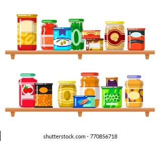 Canned food set. Meal preserved in a metal and glass container standing on shelf in a row, products to store. Vector flat style cartoon illustration isolated on white background