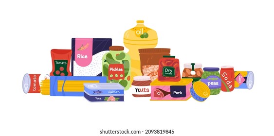 Canned food set. Preserves tuna, salmon, pork, peas, beans, groats, cereal, pasta, rice, oil, ketchup, corn, dried tomatoes, soda, peanut butter. Cooked meal. Donation box help the poor vector concept