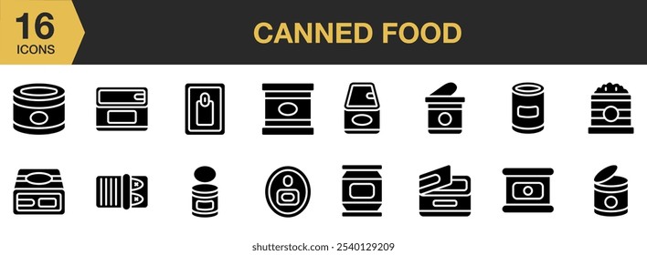 Conjunto de iconos sólidos de comida enlatada. Incluye iconos de comida enlatada y más. Colección de Vector de iconos sólidos.