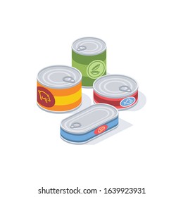 Canned food, sprats, stew, fish, peas. Vector 3d isometric, color web icon, new flat style. Creative illustration design, idea for infographics.