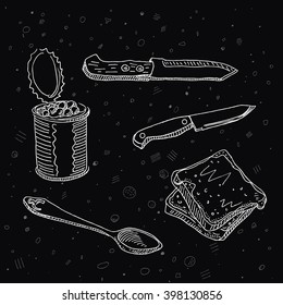 Canned food, tin can, knife, spoon and bread slice, for restaurant and  cafe business design