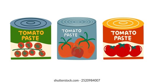 Alimentos enlatados com tomates em diferentes bancos. A lata de pasta de tomate pode desenhar ícones planos. Pasta de tomate para pizza e massa. Cartaz de produtos сanned retro