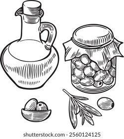 Canned and fresh olives and oil line drawing vector illustration.