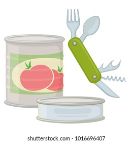 Canned goods and compact knife for camping tourism, cartoon illustration of travel equipment. Vector