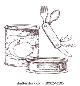Canned goods and compact knife for camping tourism, cartoon sketch illustration of travel equipment. Vector