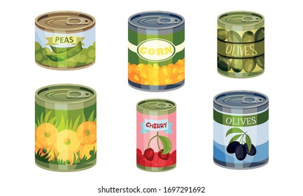 Canned Goods or Food with Sliced Pineapple and Olives Vector Set