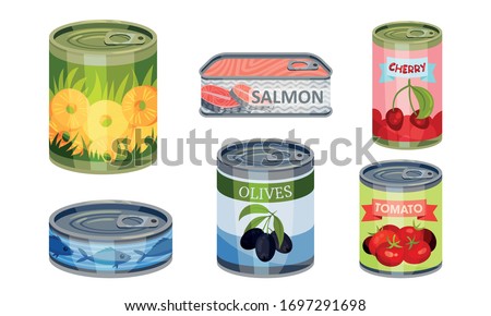 Canned Goods or Food with Sliced Pineapple and Olives Vector Set