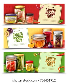 Canned goods horizontal banners with fish products, eggs, fruit and vegetables in glass jars isolated vector illustration