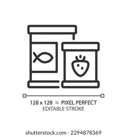 Canned goods pixel perfect linear icon. Food preservation. Ready to eat. Metal packaging. Kitchen pantry. Thin line illustration. Contour symbol. Vector outline drawing. Editable stroke