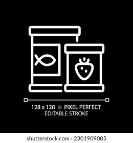 Canned goods pixel perfect white linear icon for dark theme. Food preservation. Ready to eat. Metal packaging. Kitchen pantry. Thin line illustration. Isolated symbol for night mode. Editable stroke