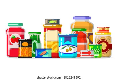 Canned goods in a row. Tinned goods food product stuff, preserved food, supplied in a sealed can. Vector flat style cartoon illustration isolated on white background