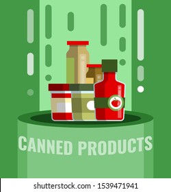 Canned goods in a row. Tinned goods food product stuff, preserved food, supplied in a sealed can. Vector flat style cartoon illustration isolated on white background