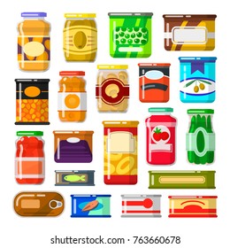 Canned Goods Set. Food Preserved In A Can, Glass Jar, Metal Container. Foodstuff And Tinned Goods. Vector Flat Style Cartoon Illustration Isolated On White Background