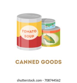 Canned goods set on white background. Tomato soup, corn and tuna fish.