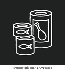 Canned goods and soups chalk white icon on black background. Preserved meat in tin. Fish products. Conserved food for pantry storage. Groceries, supermarket. Isolated vector chalkboard illustration