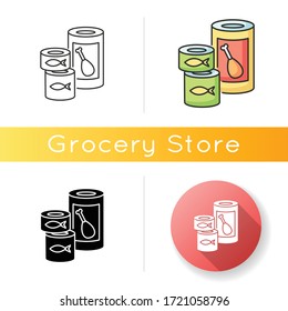 Canned goods and soups icon. Preserved meat in tin. Fish products. Conserved food for pantry storage. Groceries, supermarket. Linear black and RGB color styles. Isolated vector illustrations
