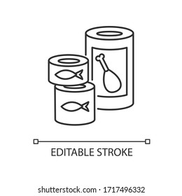 Canned goods and soups pixel perfect linear icon. Preserved meat in tin. Fish products. Thin line customizable illustration. Contour symbol. Vector isolated outline drawing. Editable stroke