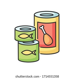 Canned Goods And Soups RGB Color Icon. Preserved Meat In Tin. Fish Products. Conserved Food For Pantry Storage. Supply For Donation. Tuna In Jar. Groceries, Supermarket. Isolated Vector Illustration