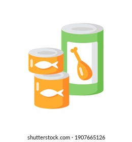 Canned goods and soups vector flat color icon. Preserved meat in tin. Fish products. Conserved food for pantry. Supply for donation. Cartoon style clip art for mobile app. Isolated RGB illustration