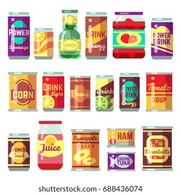 Canned goods vector set. Tinned food, conservation tomato soup and vegetables. Tin container conserve, canned tomato soup illustration