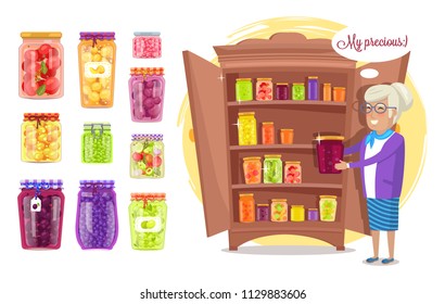 Canned grandmother's precious vector illustration, isolated on bright backdrop cupboard with homemade food, healthy organic meal in various glass jars