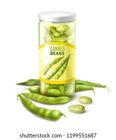 Canned green beans in glass jar realistic close up composition with fresh pods white background vector illustration 