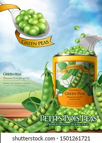 Canned green peas ads on wooden table and blue sky background in 3d illustration