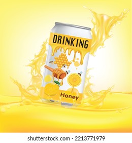 Canned lemon juice mixed with real honey falling on the splashing water