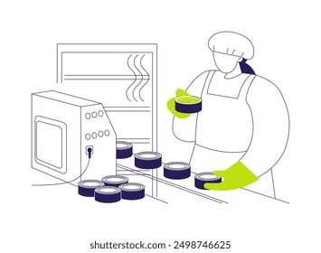 Ilustración vectorial de concepto abstracto de carne enlatada. Trabajadores de fábrica que sostienen los tarros de carne enlatados, industria de procesamiento de alimentos, productos de cerdo, conservación de carne de res, metáfora abstracta de comida conservada.