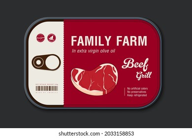 Canned meat packaging of beef, pork. Set of supermarket meat package isolated. Beef and pork steak