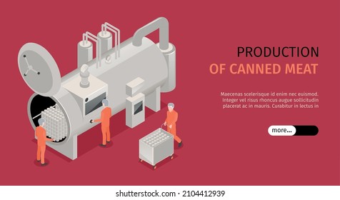 Canned meat production isometric horizontal website banner with factory workers taking cans out of autoclave 3d vector illustration