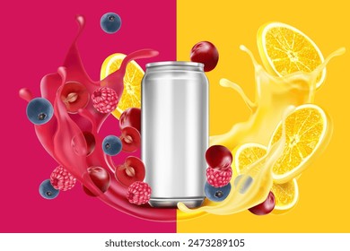 Canned mixed berries and lemonade smoothies fruit splashing of Tropical fruits isolated on solid background. Vector in 3D illustrations.