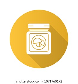 Canned mushrooms flat design long shadow glyph icon. Vector silhouette illustration