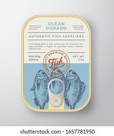 Canned Ocean Fish Abstract Vector Aluminium Container Packaging Design or Label. Modern Typography Banner, Hand Drawn Dorado Silhouette with Lettering Logo. Color Paper Background Layout. Isolated.