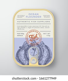 Diseño o Etiqueta de envase de aluminio con vectores de abstracto de pescado en latas. Banner de tipografía moderna, silueta de pez globo dibujado a mano con logotipo de letra. Diseño de fondo de papel de color. Aislado.