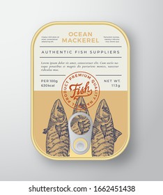 Canned Ocean Fish Abstract Vector Aluminium Container Packaging Design or Label. Modern Typography Banner, Hand Drawn Mackerel Silhouette with Lettering Logo. Color Paper Background Layout. Isolated.
