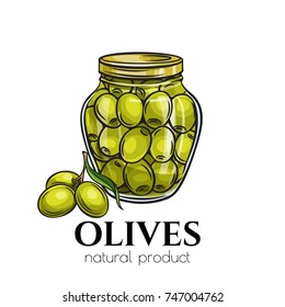 Canned olives in glass jar. Illustration outline food product in retro sketch style.
