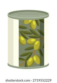 Canned olives in a tin. Flat vector clipart, illustration with isolated background.