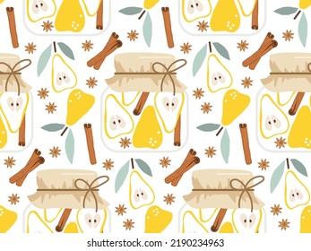 Canned pear background. Seamless pattern with Pickled pears in glass jars. Fruit harvesting. Repeated background for textile, fabric, paper, wallpaper, packaging. Traditional homemade pickled fruit.
